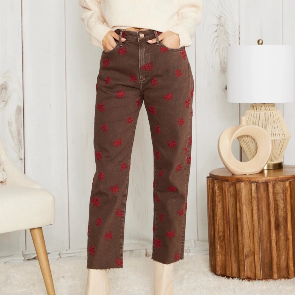 Brown Jeans with Red Floral Embroidery